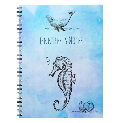 Seahorse Whale and Seashell on Blue Watercolor Notebook