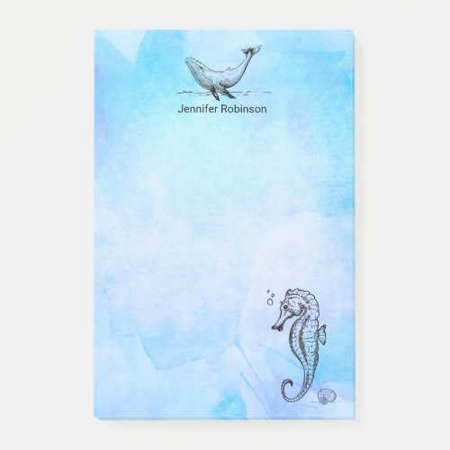 Seahorse Whale and Seashell on Blue Watercolor Post_it Notes