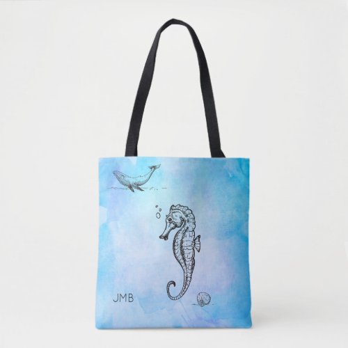 Seahorse Whale and Seashell on Blue Watercolor Tote Bag