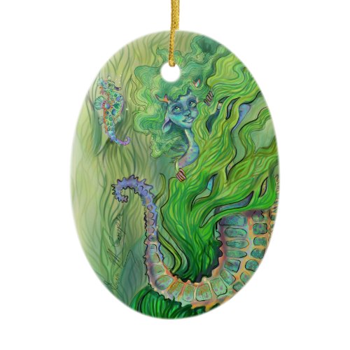 Seahorse Whisperer Mermaid Ceramic Ornament
