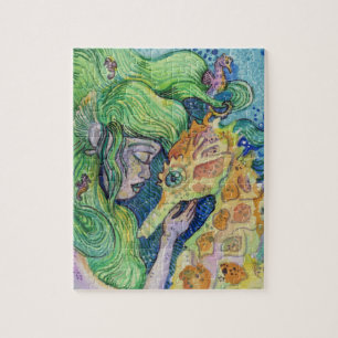Seahorse Whisperer Mermaid watercolor art Jigsaw Puzzle