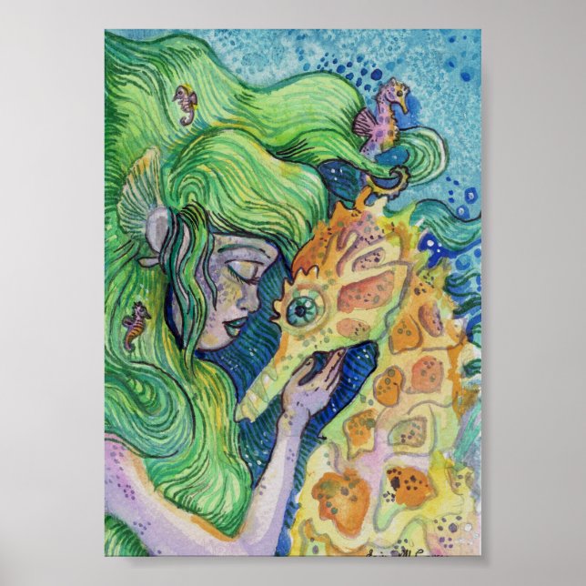 Seahorse Whisperer Mermaid watercolor art Poster (Front)
