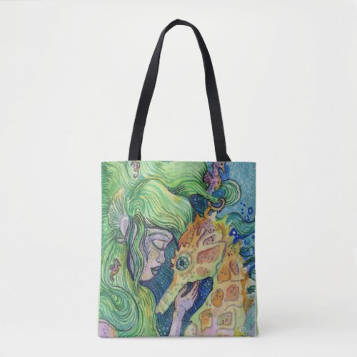 Seahorse Whisperer Mermaid watercolor art Tote Bag