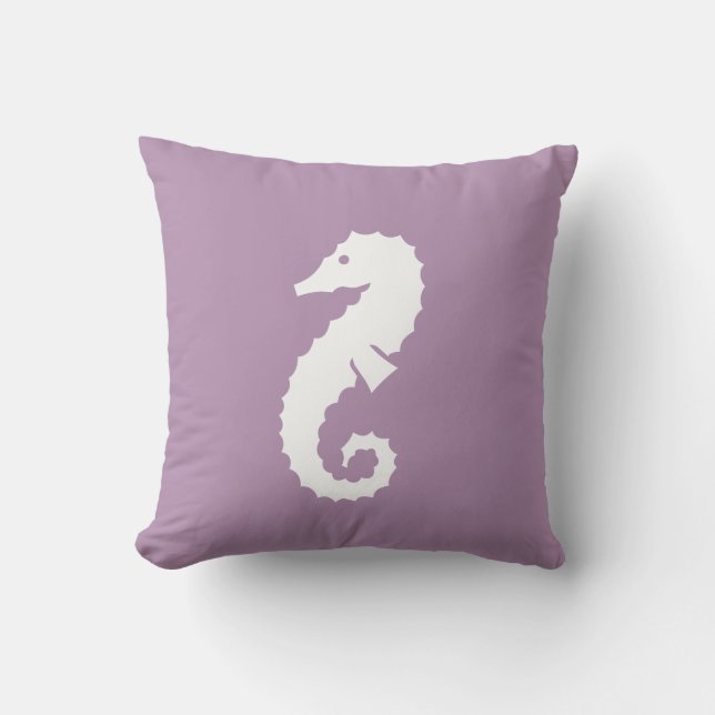 SEAHORSE WHITE on LAVENDER blue pillow (Front)