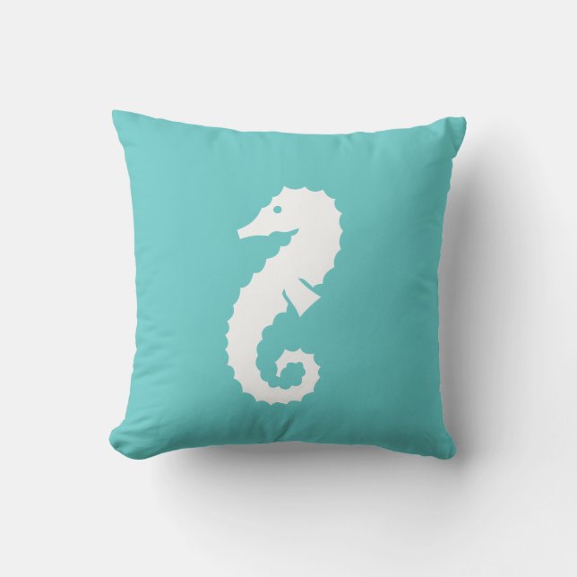 SEAHORSE WHITE on teal blue pillow (Front)