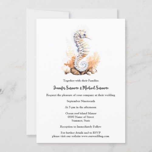Seahorse white orange nautical reef wedding  invitation