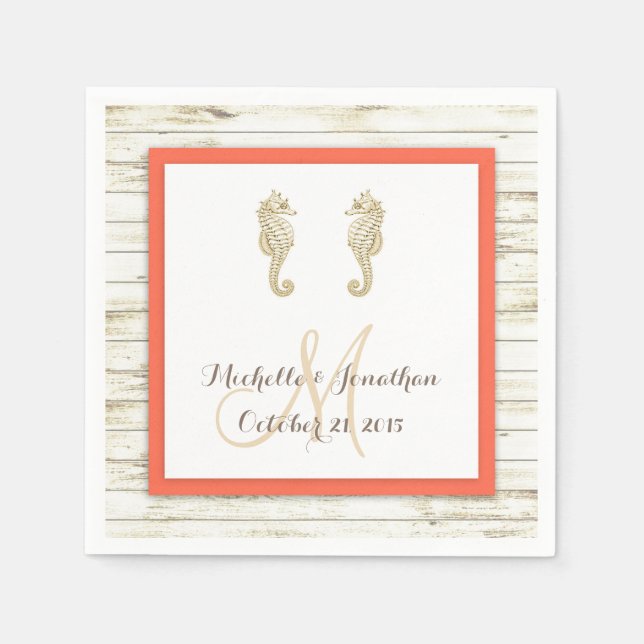 Seahorse Whitewashed Wood Beach Wedding Napkin (Front)