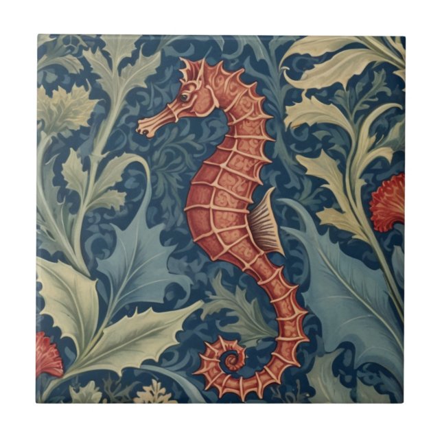 Seahorse William Morris style L Aquatic Sea Ocean Ceramic Tile (Front)
