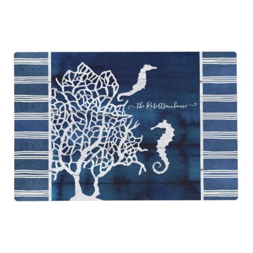 Seahorse Wood Beach House Navy Stripe Family Name Placemat