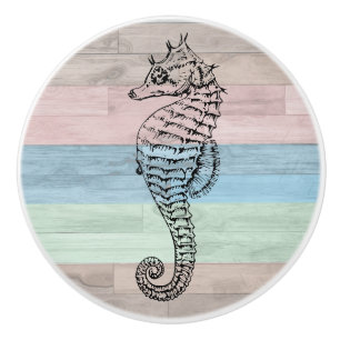 Seahorse Wood Nautical Beach Shells Blue Peach Ceramic Knob