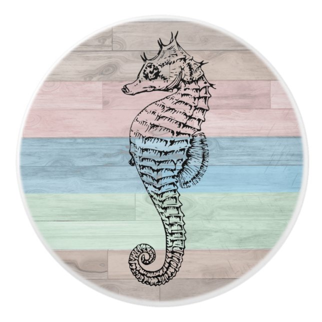 Seahorse Wood Nautical Beach Shells Blue Peach Ceramic Knob (Front)