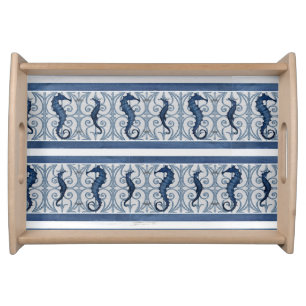 Seahorse Wood Scrolls Beach House Decor Navy White Serving Tray