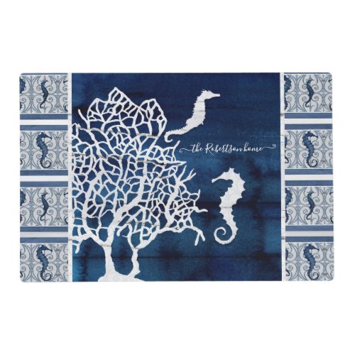 Seahorse Wood Scrolls Beach House Family Name Navy Placemat
