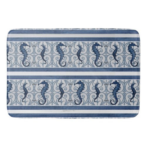 Seahorse Wooden Scroll Beach Home Bath Navy White Bath Mat