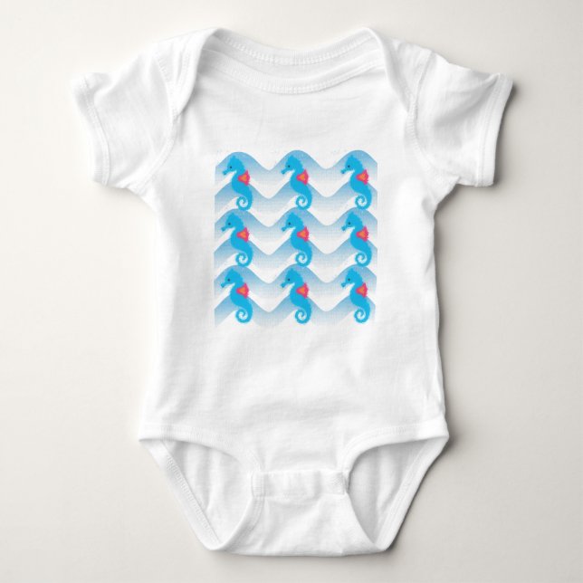 Seahorses And Blue Waves Pattern Baby Bodysuit (Front)