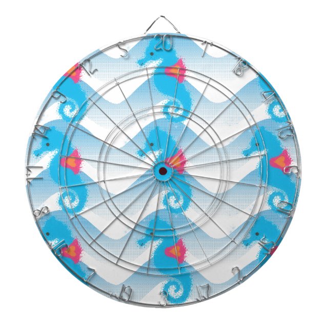 Seahorses And Blue Waves Pattern Dartboard With Darts (Front)