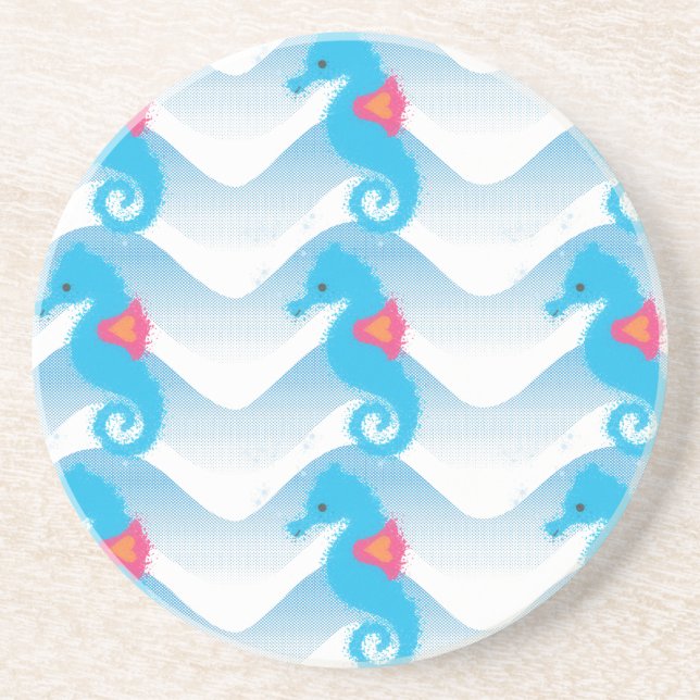 Seahorses And Blue Waves Pattern Drink Coaster (Front)