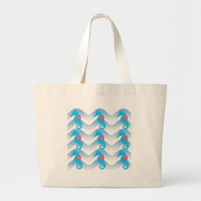 Seahorses And Blue Waves Pattern Large Tote Bag (Front)