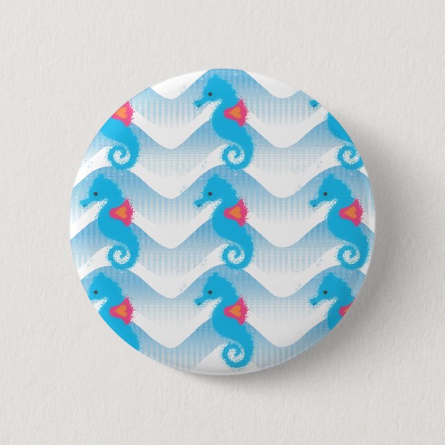 Seahorses And Blue Waves Pattern Pinback Button (Front)