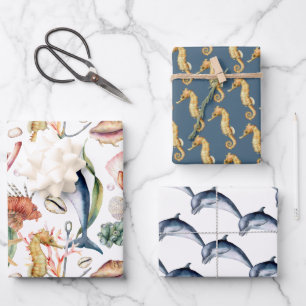 Seahorses and Dauphins, Nautical Matching Designs Wrapping Paper Sheets