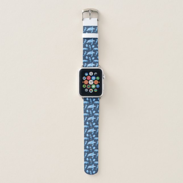 Seahorses and Sea Turtles Navy Blue Apple Watch Band (Front)