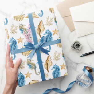 Seahorses and Starfish On White Wrapping Paper