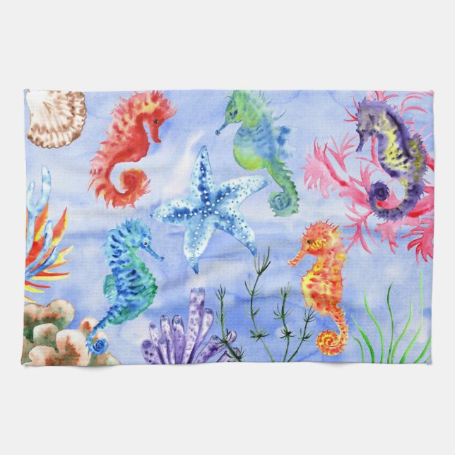 Seahorses And Starfish With Corals Pattern Kitchen Towel (Horizontal)