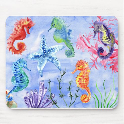 Seahorses And Starfish With Corals Pattern Mouse Pad