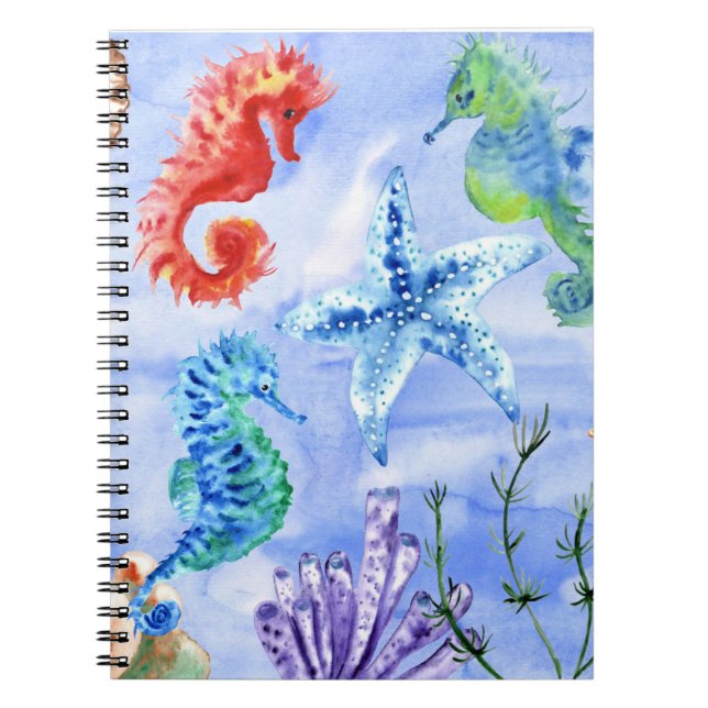 Seahorses And Starfish With Corals Pattern Notebook (Front)