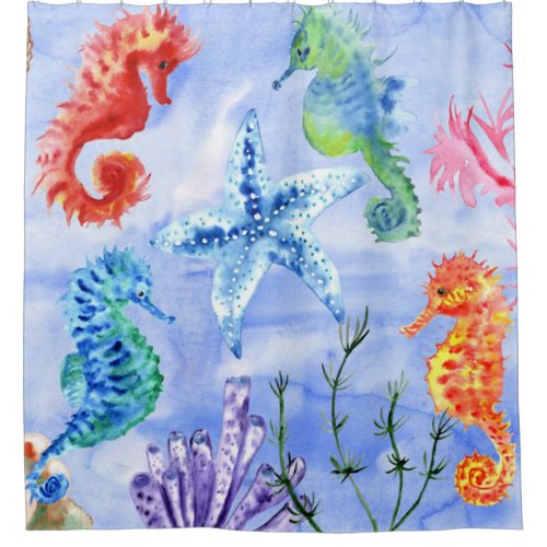 Seahorses And Starfish With Corals Pattern Shower Curtain