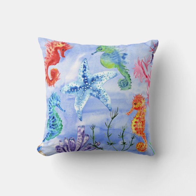 Seahorses And Starfish With Corals Pattern Throw Pillow (Front)