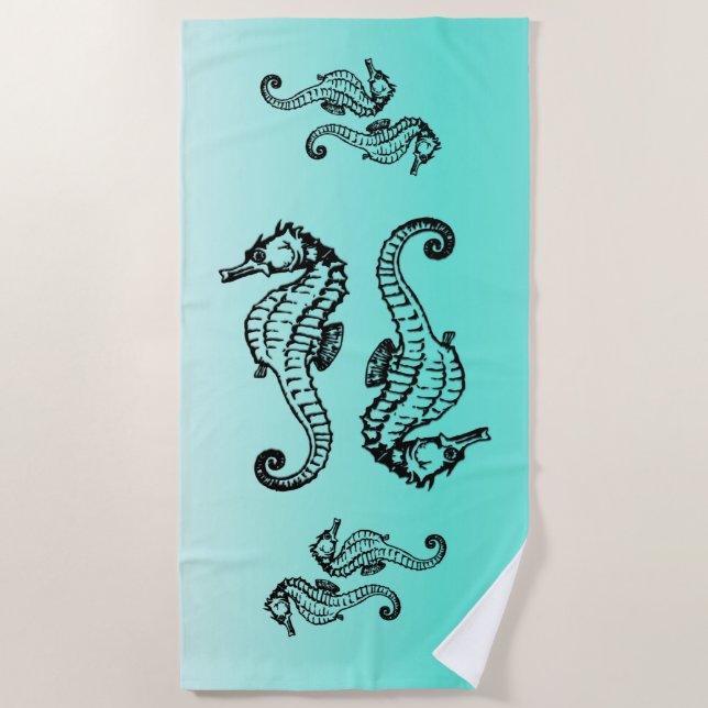 Seahorses Aqua Beach Towel (Front)