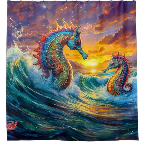 Seahorses At Sunset Design By Rich AMeN Gill Shower Curtain