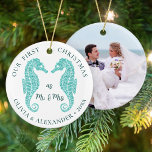 Seahorses Beach First Christmas Mr and Mrs Photo Ceramic Ornament<br><div class="desc">Two cute aqua glitter seahorses are appropriate for this beach inspired newlyweds keepsake ornament, celebrating the happy couple’s first Christmas as Mr. & Mrs. There is a photo template on the back to make it easy to personalize. If you would like matching products or other colorways, please contact me through...</div>