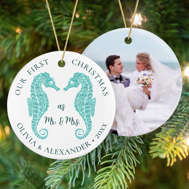 Seahorses Beach First Christmas Mr and Mrs Photo Ceramic Ornament (Creator Uploaded)