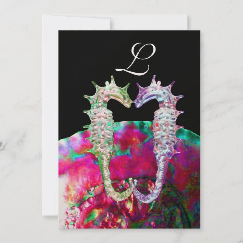 SEAHORSES BEACH WEDDING MONOGRAM pink blue black Invitation