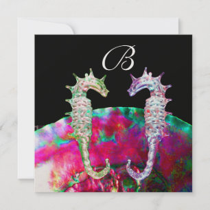 SEAHORSES BEACH WEDDING MONOGRAM, pink blue black Invitation