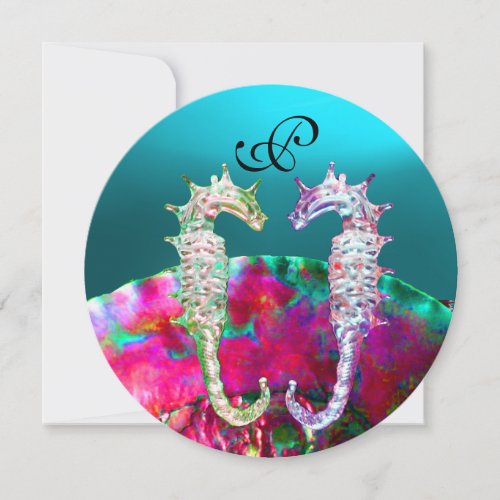 SEAHORSES BEACH WEDDING MONOGRAM pink blue black Invitation