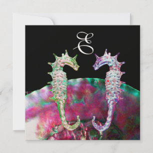 SEAHORSES BEACH WEDDING MONOGRAM, pink blue black Invitation