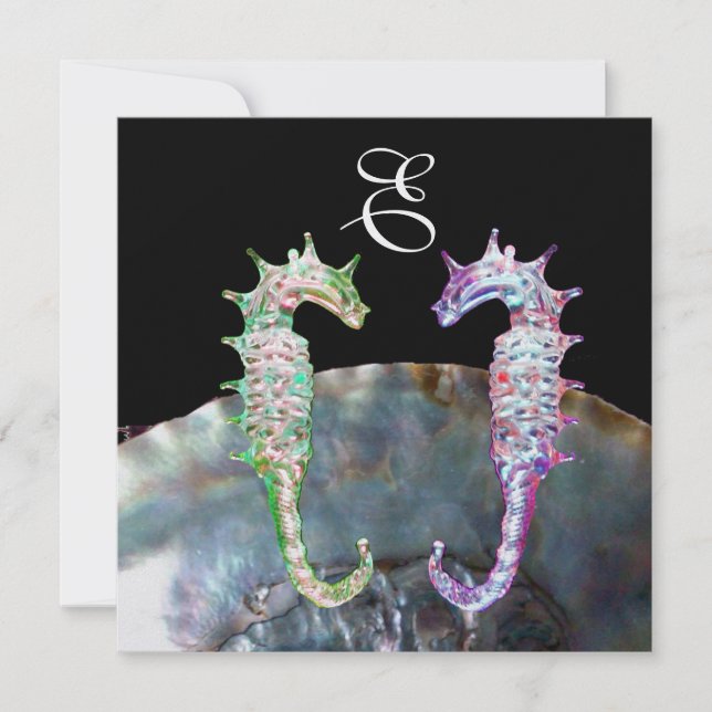 SEAHORSES BEACH WEDDING MONOGRAM, pink white black Invitation (Front)