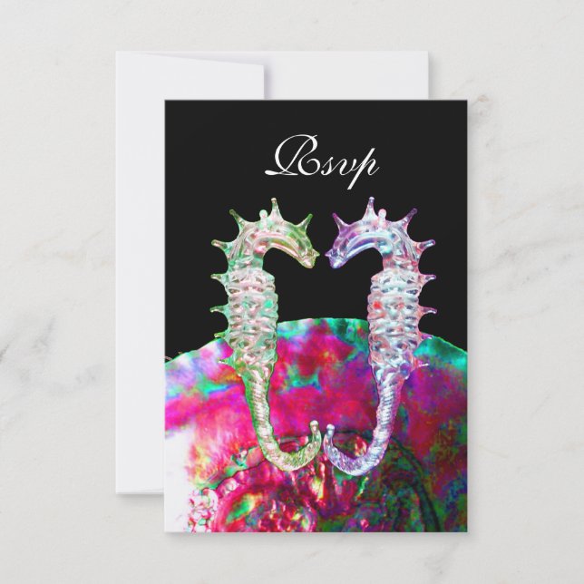 SEAHORSES BEACH WEDDING MONOGRAM,RSVP pink  black RSVP Card (Front)