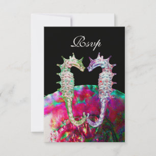 SEAHORSES BEACH WEDDING MONOGRAM,RSVP pink black RSVP Card