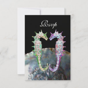 SEAHORSES BEACH WEDDING MONOGRAM,RSVP white black RSVP Card