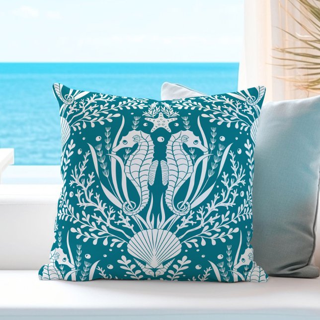 Seahorses Damask Teal Blue White Ocean Sea Life Throw Pillow (Creator Uploaded)