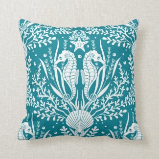 Seahorses Damask Teal Blue White Ocean Sea Life Throw Pillow