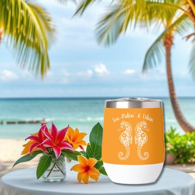 Seahorses-Fisherman Core-Hawaiian-Orange Thermal Wine Tumbler (Sea Horses-Fisherman Core-Beach tumbler, Summer tumbler-wine tumbler-Orange)