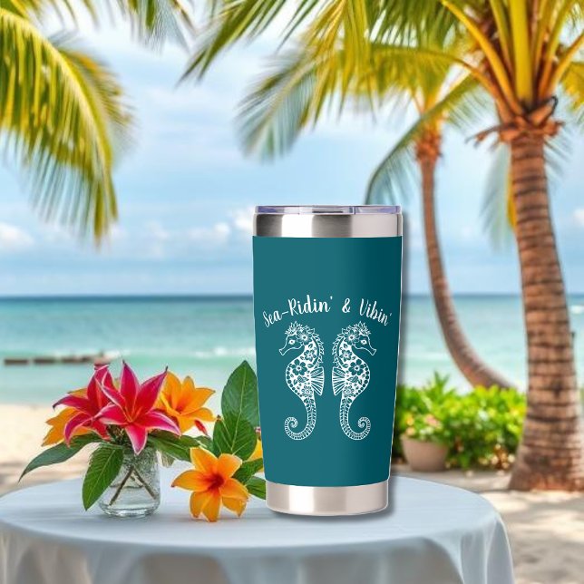 Seahorses-Fisherman Core-Hawaiian-Teal Insulated Tumbler (Sea-Ridin’ & Vibin’ Seahorse Tall Thermal Tumbler –Tropical Summer,Beach, Fisherman Core-Teal)