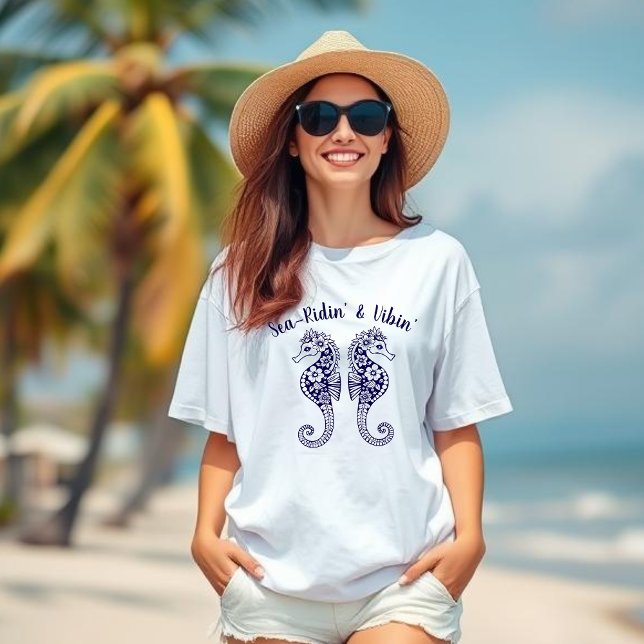 Seahorses-Fisherman Core-Hawaiian Tropical-Blue T-Shirt (Sea Horse-Fisherman Core-Hawaiian-Tropical-Beach T shirt-Summer Trend-Dark Blue)