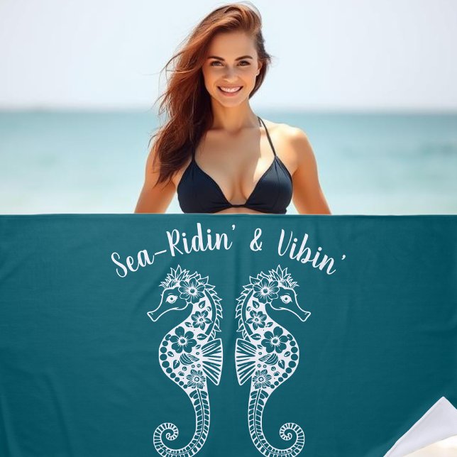 Seahorses-Fisherman Core-Hawaiian-Tropical-Teal Beach Towel (Sea horses-Fisherman Core-Hawaiian-Tropical-Beach Towel-Pool Towel-Teal)