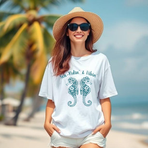 Seahorses-Fisherman Core-Hawaiian Tropical-Teal T-Shirt
